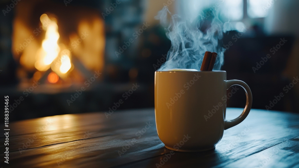 A steaming mug of hot buttered rum topped with a pat of melting butter and garnished with a cinnamon stick, set against the backdrop of a cozy cabin interior featuring a roaring fireplace