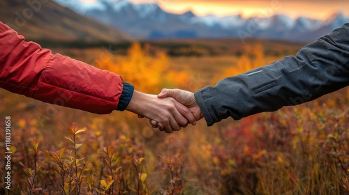 Handshake outdoors amidst autumn landscape with vibrant foliage photo