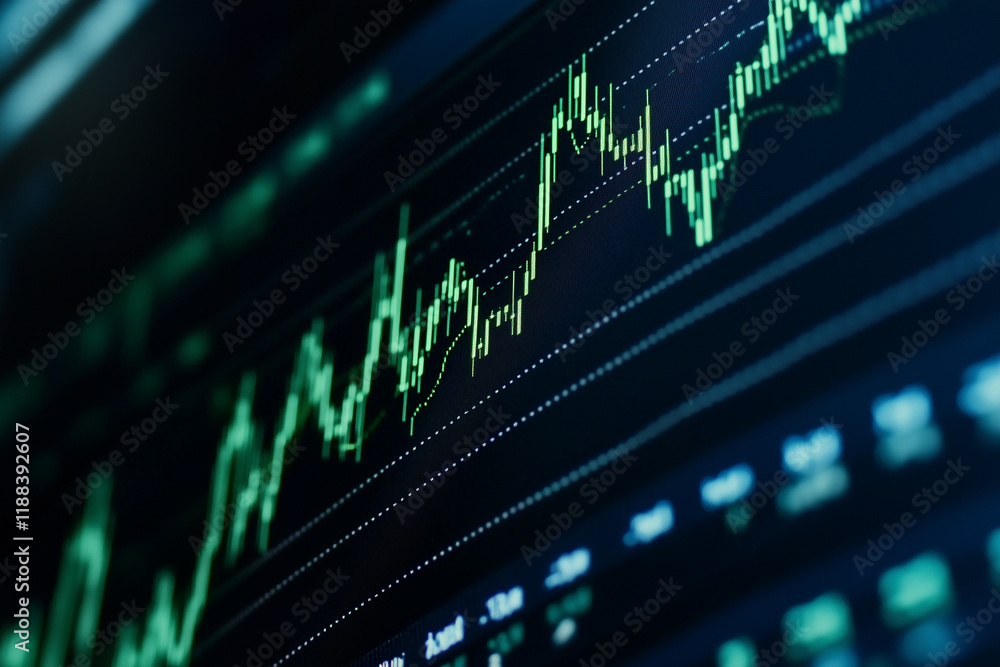 A stock market graph on the screen, displaying rising candlestick charts and financial data. The background is dark blue with a gradient of light to create depth. A stock market graph on the screen, displaying rising candlestick charts and financial data. The background is dark blue with a gradient of light to create depth.