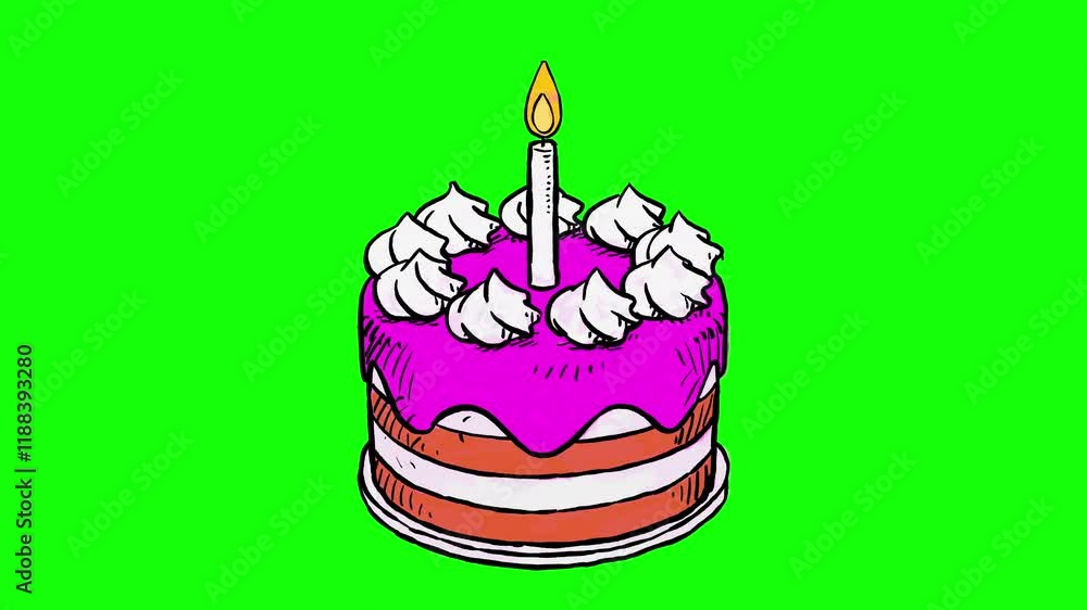 Hand drawn looping animation of a birthday cake on green background Hand drawn looping animation of a birthday cake on green background