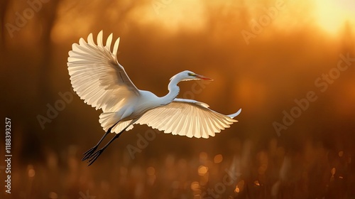 Great egret in flight at sunset, wetland background, nature photography.