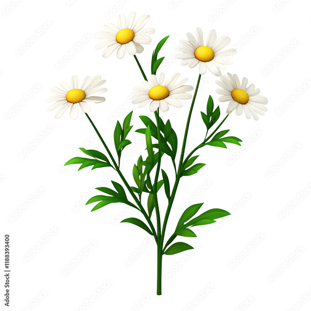 Fresh chamomile flowers with vibrant yellow centers and green leaves Fresh chamomile flowers with vibrant yellow centers and green leaves