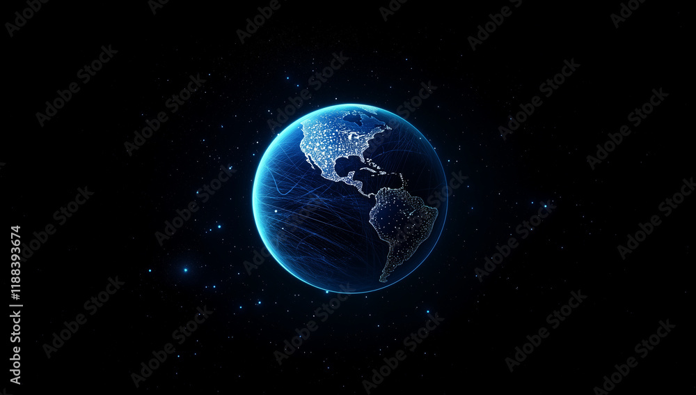 Obraz premium Abstract blue planet Earth with glowing dots, global network and connectivity concept, data transfer or information exchange on the internet in a futuristic technology background.