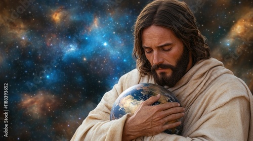 Fototapeta Naklejka Na Ścianę i Meble -  Serene man holding earth against cosmic backdrop reflecting peaceful contemplation