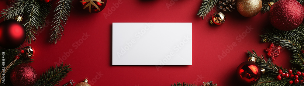 Obraz premium A blank card mockup on the right side of an empty white rectangle, surrounded by Christmas decorations and pine branches on a red background. 