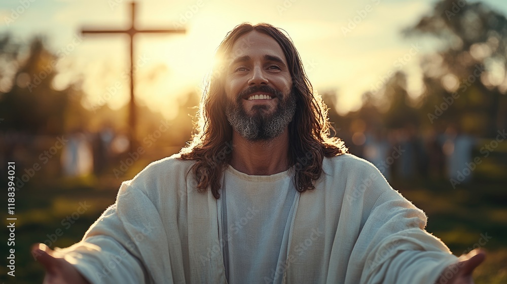 Smiling man with beard and long hair in white robe reaching out at sunrise Smiling man with beard and long hair in white robe reaching out at sunrise
