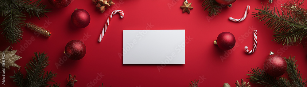 A blank card mockup on the right side of an empty white rectangle, surrounded by Christmas decorations and pine branches on a red background. A blank card mockup on the right side of an empty white rectangle, surrounded by Christmas decorations and pine branches on a red background.
