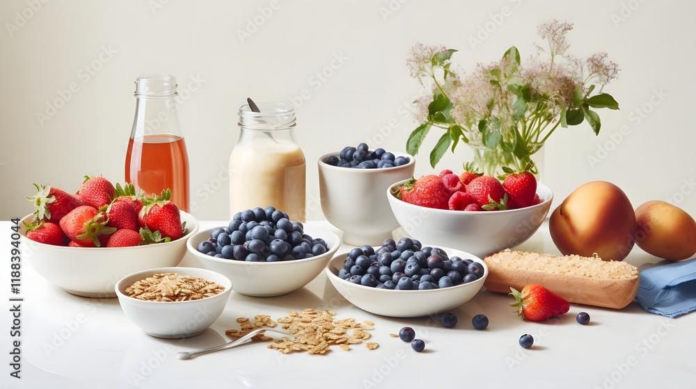 Minimalist and Nourishing Breakfast Spread Featuring a Bowl of Creamy Oats Almond Milk and an Assortment of Fresh Berries A Healthy Plant Based Morning Meal Ideal for Photography Minimalist and Nourishing Breakfast Spread Featuring a Bowl of Creamy Oats Almond Milk and an Assortment of Fresh Berries A Healthy Plant Based Morning Meal Ideal for Photography