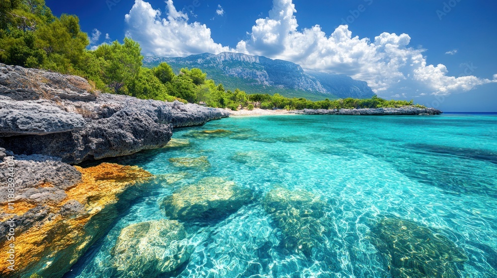 Fototapeta premium Rocky Croatian beach, turquoise water, distant mountains, sunny sky.