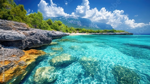 Rocky Croatian beach, turquoise water, distant mountains, sunny sky.