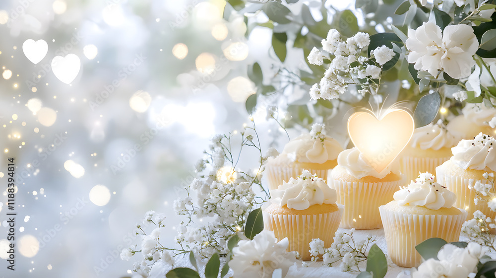 Delightful cupcakes adorned with flowers and glowing hearts create charming atmosphere. Perfect for celebrations and sweet moments Delightful cupcakes adorned with flowers and glowing hearts create charming atmosphere. Perfect for celebrations and sweet moments