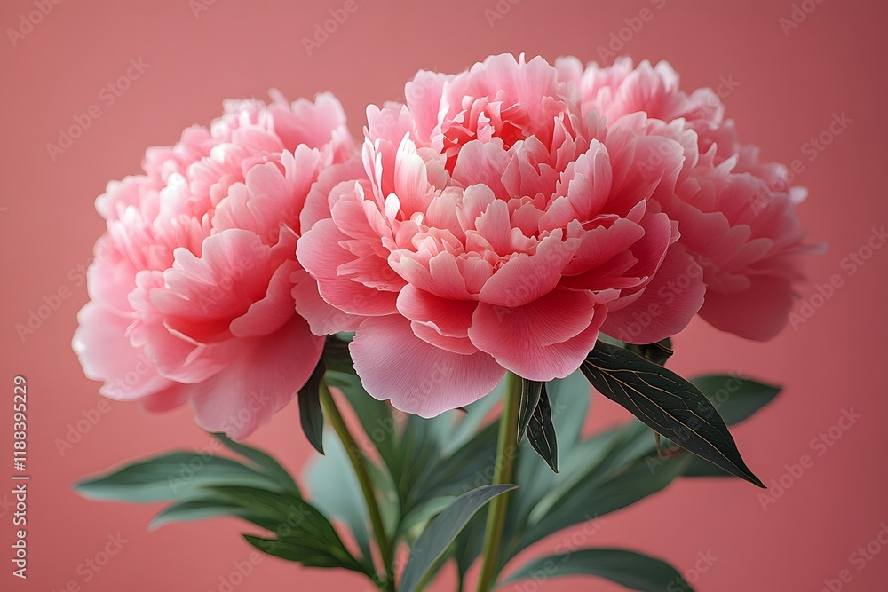 Elegant Pink Peonies in Full Bloom on a Soft Coral Background for Floral Design Elegant Pink Peonies in Full Bloom on a Soft Coral Background for Floral Design