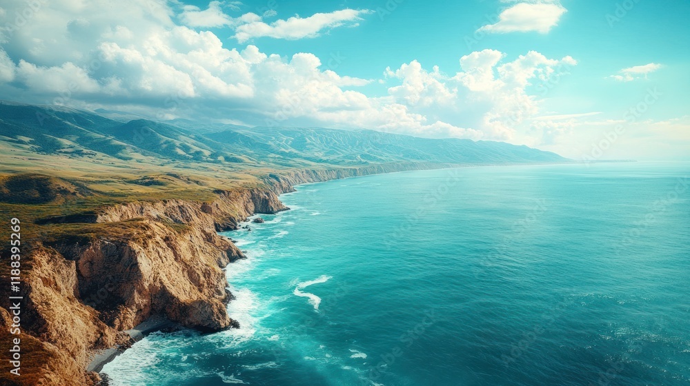 Fototapeta premium Rugged coastline meets turquoise ocean under cloudy sky.
