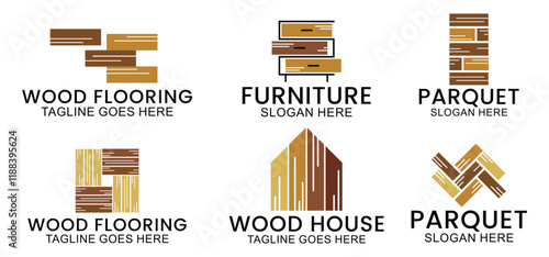 set of wooden floor logo design, house floor logo, ceramic pattern logo, wooden parquet floor logo. Wooden house and wooden furniture vector template.