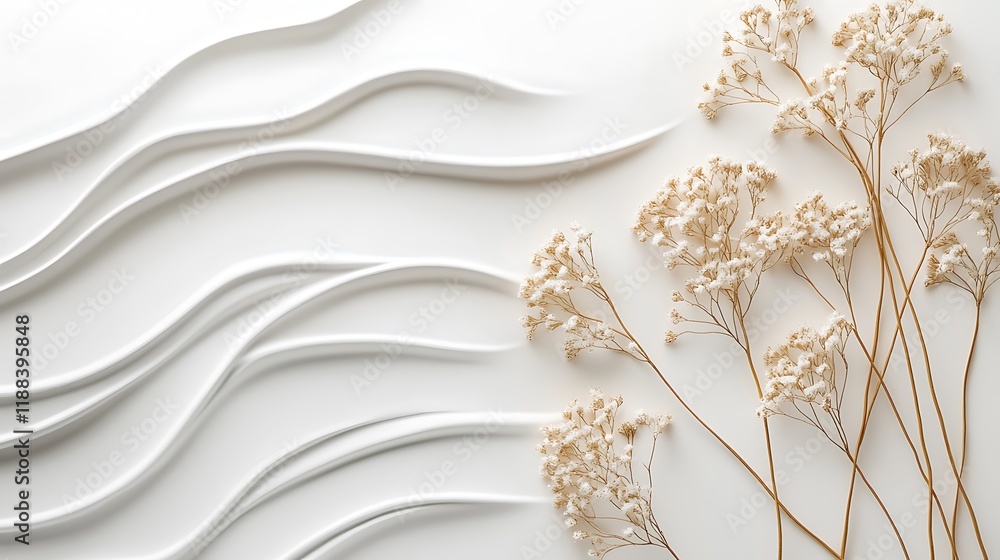 White wavy background with dried white flowers White wavy background with dried white flowers