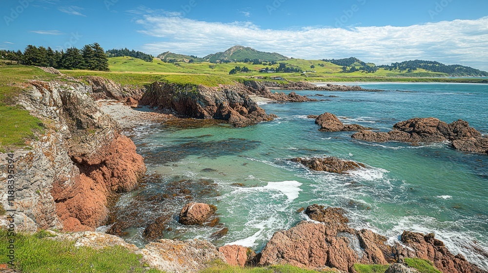 Fototapeta premium Rocky coastline, waves crashing, green hills, sunny sky. Coastal landscape view.