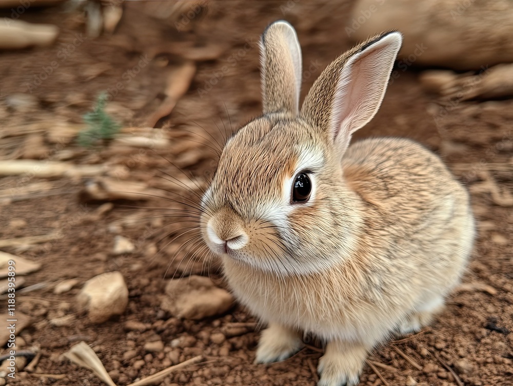 Young rabbit outdoors, curious gaze, brown soil background, nature wildlife. Young rabbit outdoors, curious gaze, brown soil background, nature wildlife.