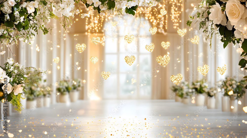 romantic scene featuring glowing heart confetti and floral decorations, perfect for celebrations romantic scene featuring glowing heart confetti and floral decorations, perfect for celebrations