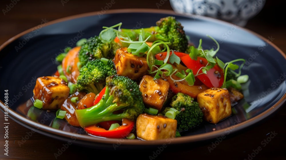 A delectable plate of tofu stir fry with an array of vibrant vegetables offering a plant based protein rich and nourishing meal for a healthy sustainable lifestyle A delectable plate of tofu stir fry with an array of vibrant vegetables offering a plant based protein rich and nourishing meal for a healthy sustainable lifestyle