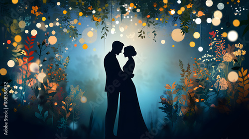romantic silhouette of couple dancing amidst vibrant flowers and glowing lights, creating magical atmosphere