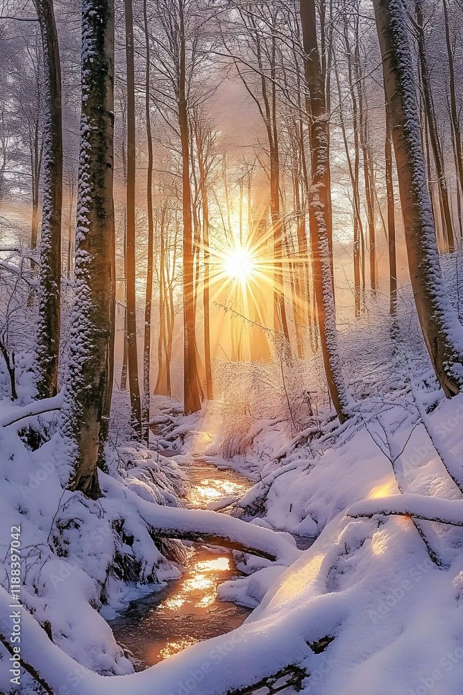 Naklejka premium Winter forest sunrise with stream and snow-covered trees