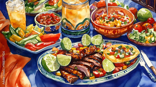 Watercolor painting of a table spread with fajitas, featuring bright, colorful vegetables and grilled meat, served with lime wedges, salsa, and a glass of margarita, with a festive Mexican atmosphere