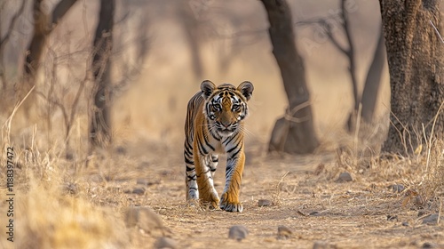 Tiger cub walking path, Indian forest, wildlife, nature.