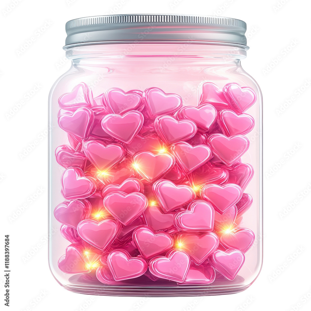 Glass jar filled with glowing pink heart-shaped decorations on a transparent background clipart Glass jar filled with glowing pink heart-shaped decorations on a transparent background clipart