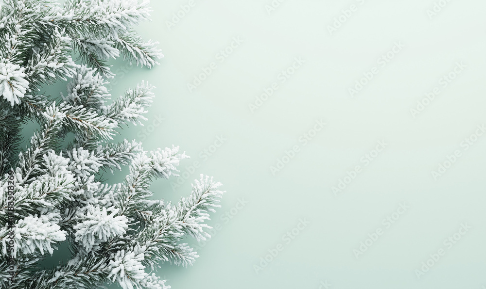 Obraz premium 3D rendering, minimalistic light green background with white snow-covered Christmas tree branches on the left side of the composition, flat lay top view copy space banner mockup.