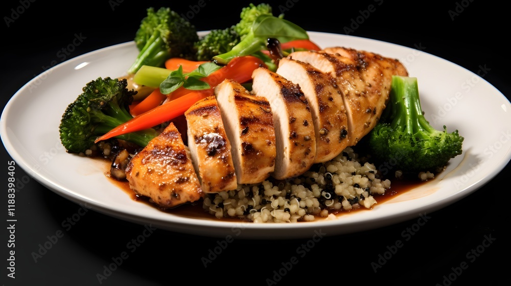 Grilled chicken breast served with quinoa and a selection of steamed vegetables creating a nutritious and balanced meal This dish showcases a delicious and healthy culinary experience Grilled chicken breast served with quinoa and a selection of steamed vegetables creating a nutritious and balanced meal This dish showcases a delicious and healthy culinary experience