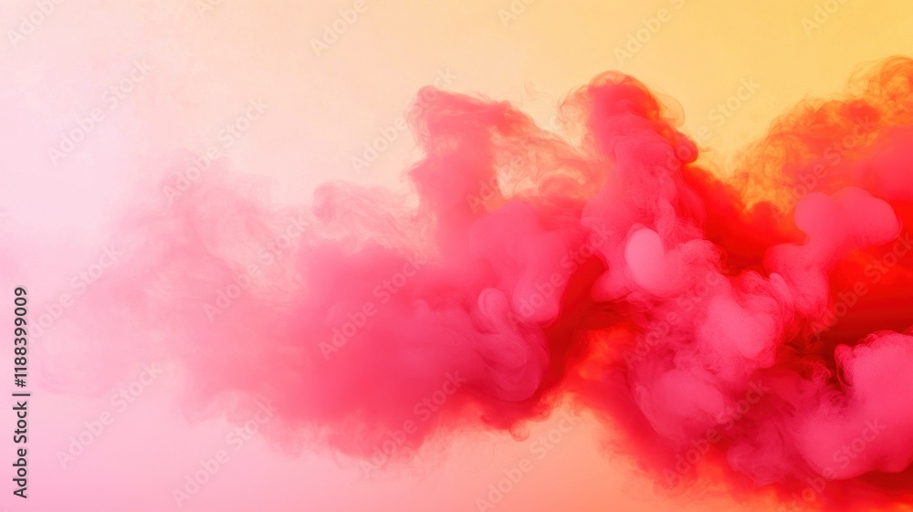 Fototapeta premium A vibrant swirl of pink and red smoke against a soft yellow background, creating an abstract and colorful visual effect.