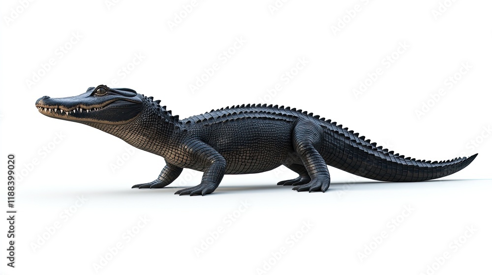 Fototapeta premium Black alligator profile view, isolated on white, wildlife, nature, reptile.