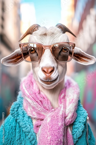 Fashion-forward goat shows off style in trendy scarf and sunglasses against vibrant graffiti backdrop