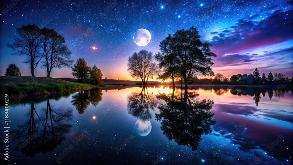 Naklejka premium Silhouetted reflections dance on a tranquil pond beneath a breathtaking starry sky.