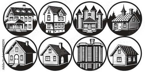Stylized suburban home designs with decorative circular frames