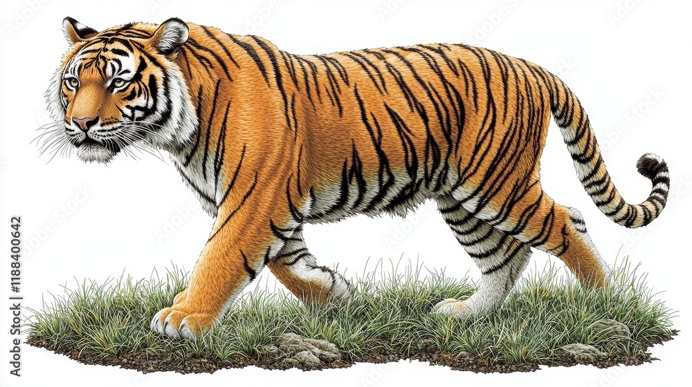 Naklejka premium Majestic Siberian Tiger Walking Through Grassland Wild Cat in Nature Detailed Illustration