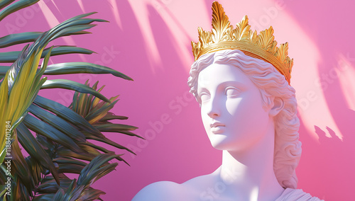 A Greek statue of the goddess Venus with a golden crown, against a pink background, with palm leaves, in the vaporwave style, with soft lighting, photo