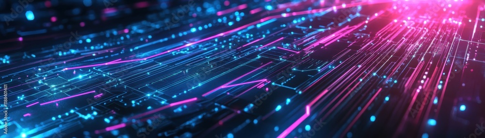 Fototapeta premium Futuristic high-tech environment with neon pink and blue lines on glossy black surfaces, symbolizing a dynamic data network in motion, ideal for advanced technology and connectivity themes.