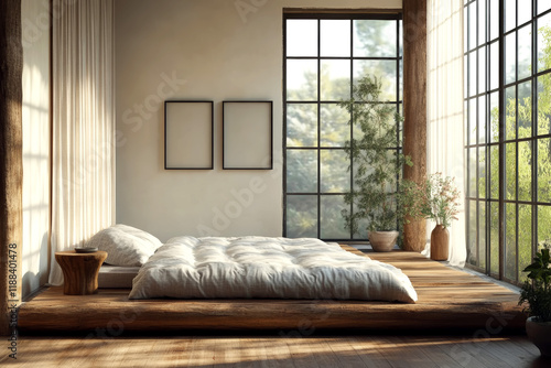 Empty Frame Mockup in Cozy Bedroom Interior with Natural Design Elements