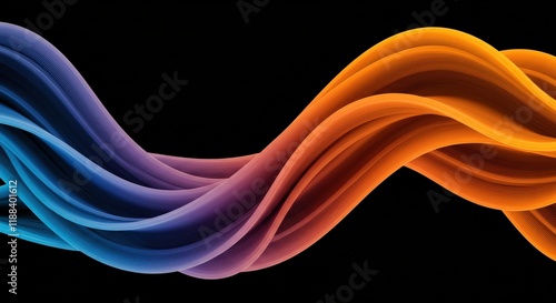 Abstract Flow: A mesmerizing 3D rendering of a flowing abstract ribbon, morphing into a captivating interplay of vibrant blue, orange, and purple hues against a dramatic black backdrop. photo