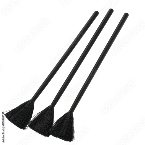 Three black cleaning brushes with long handles on a transparent background photo