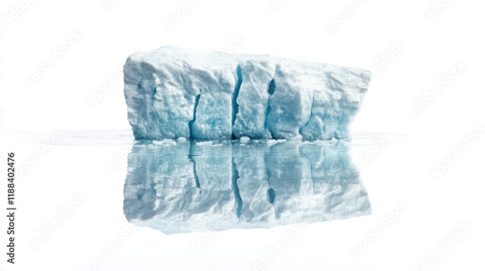 A solitary ice block reflects in still water, showcasing hues of blue and white against a stark, minimalistic background. A solitary ice block reflects in still water, showcasing hues of blue and white against a stark, minimalistic background.