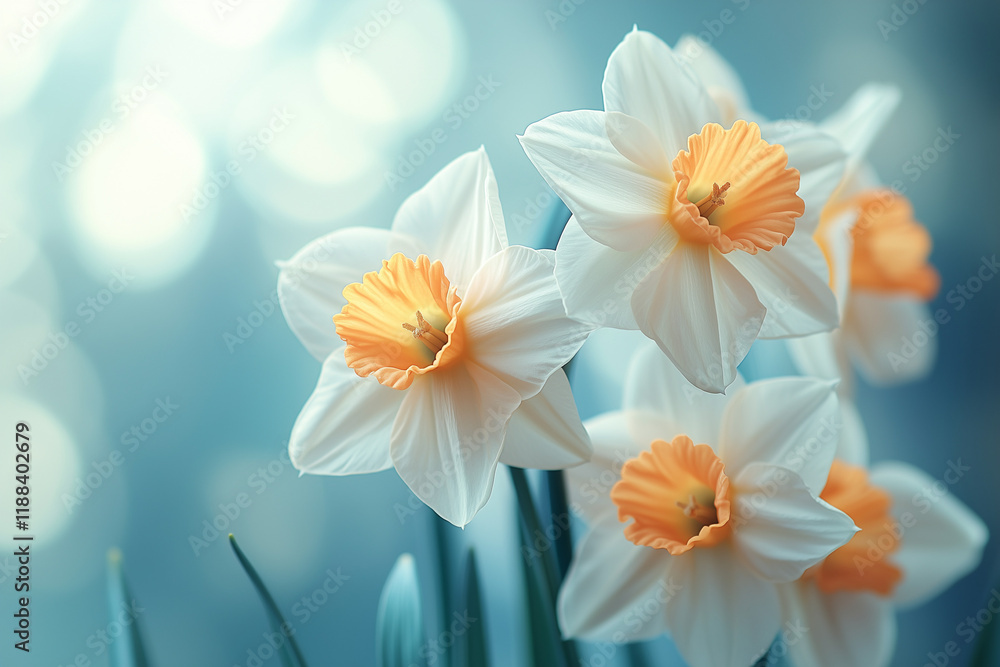 Fototapeta premium White daffodils with orange centers against a soft blue background