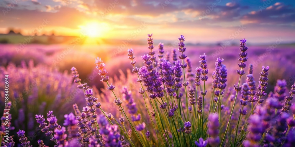 Naklejka premium Stunning purple floral landscapes: capture the serenity of a lavender field under the summer sun.