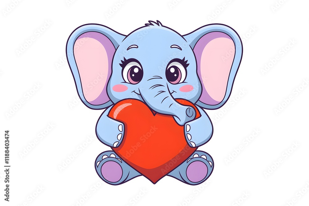 Fototapeta premium Adorable Blue Cartoon Baby Elephant Holding Red Heart - Love and Affection Illustration.