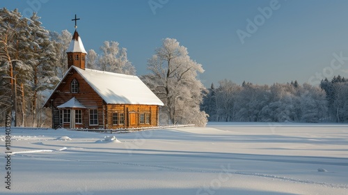 A serene winter scene featuring a wooden church surrounded by snow-covered trees and fields.