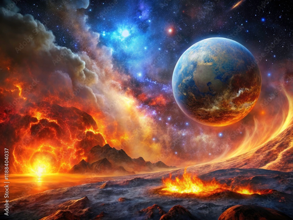 Surreal space art: a burning exoplanet within Fiery Planet Galaxy's nebula firestorm. Surreal space art: a burning exoplanet within Fiery Planet Galaxy's nebula firestorm.