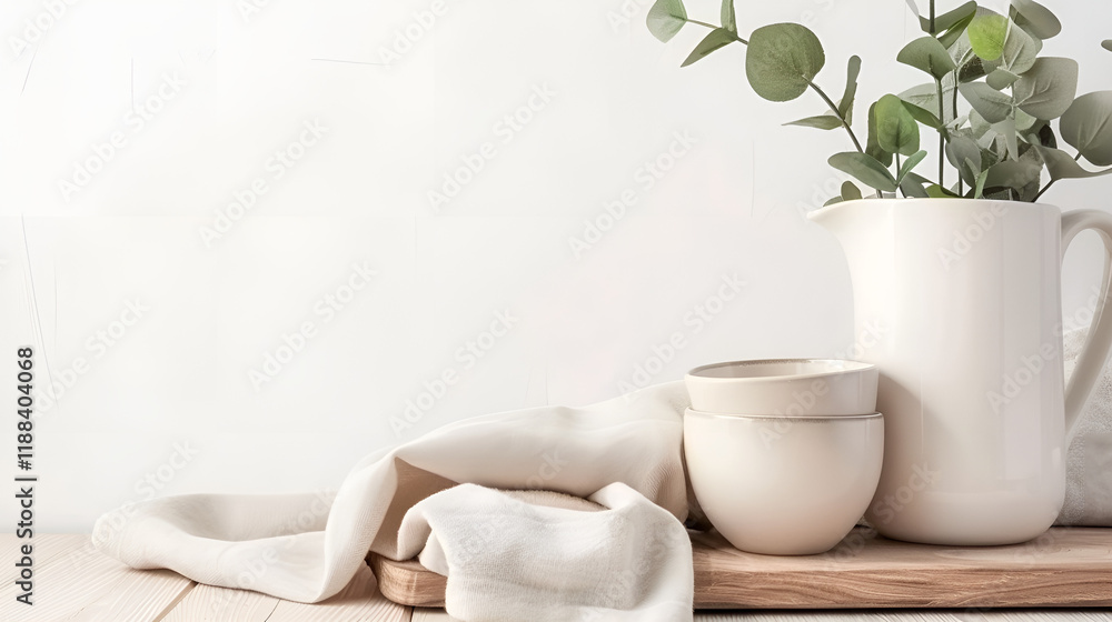 Minimalist arrangement of a white pitcher, bowls, and eucalyptus leaves on a wooden surface
Minimalist arrangement of a white pitcher, bowls, and eucalyptus leaves on a wooden surface