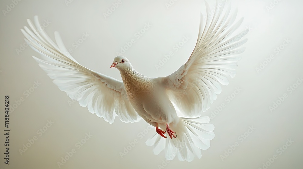 Fototapeta premium White dove in flight, peaceful sky, hope symbol, spiritual image, for peace concepts.