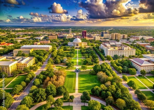 Texas A&M College Station:  A high-definition aerial showcases detailed architecture nestled within lush, green surroundings.
